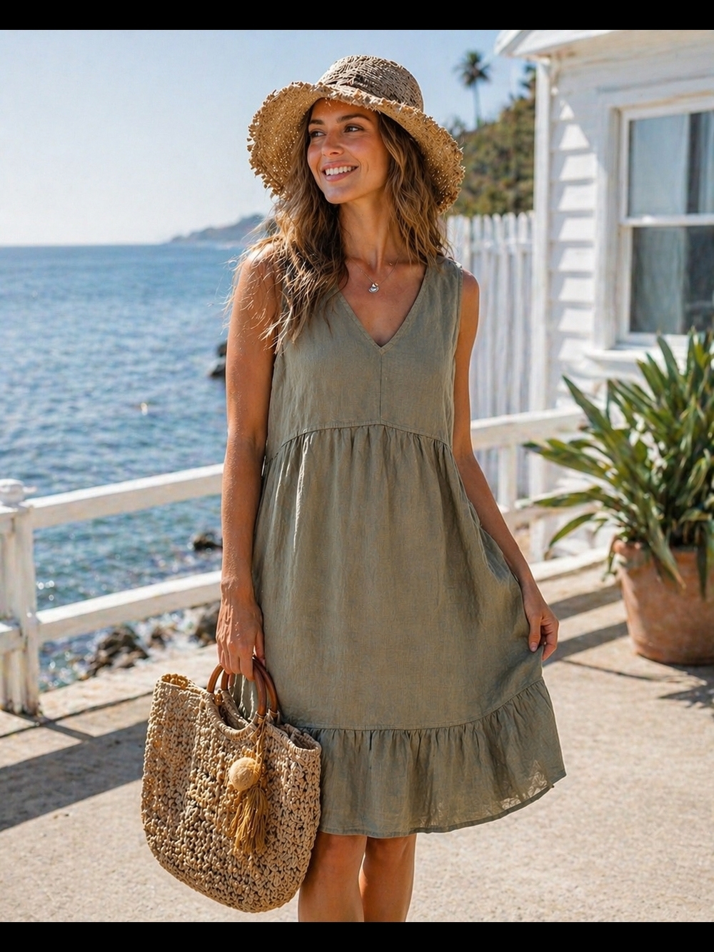 Cynthia Rowley 100% Linen Olive Green Dress M Coastal Flowy